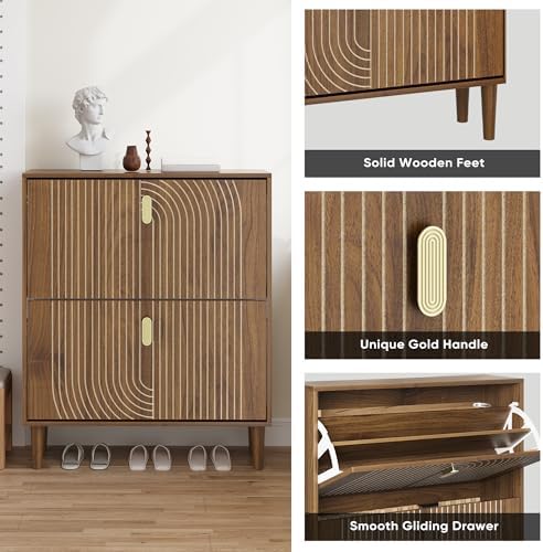 Smuxee Shoe Cabinet with 2 Flip Drawers, 31.5" Walnut Hidden Shoe Storage Cabinet with Line Groove Design, Freestanding Shoe Organizer Cabinet for Hallway, Entryway, Living Room - Image 5