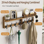 29 inch Coat Rack Wall Mount with Shelf, Entryway Wall Shelf with Hooks, Heavy Duty Coat Hanger Wall Mount with Key Holders and Mail Organizer for Living Room, Bedroom, Brown - Image 2