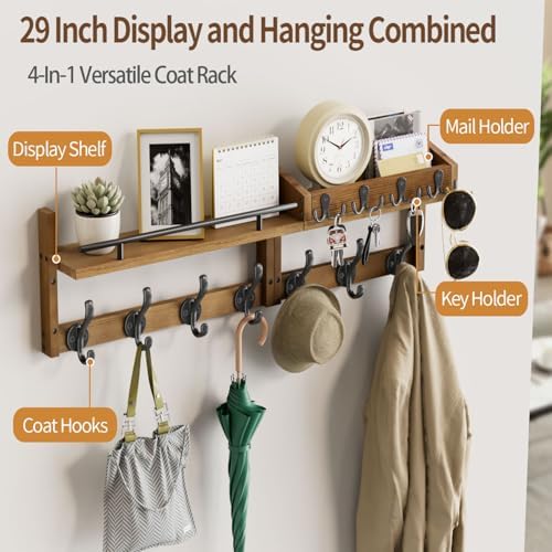 29 inch Coat Rack Wall Mount with Shelf, Entryway Wall Shelf with Hooks, Heavy Duty Coat Hanger Wall Mount with Key Holders and Mail Organizer for Living Room, Bedroom, Brown - Image 2
