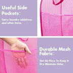 Pop Up Laundry Hamper, 70 L Collapsible Mesh Basket with Side Pocket, Pink - Image 4