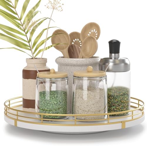 Oroyutor 10-Inch White Wooden Lazy Susan Spice Organizer with Gold Rail by Oroyutor