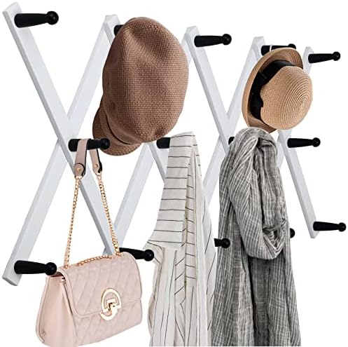 WEBI Accordion Wall Hanger,Expandable Wooden Hat Rack for Wall Mounted Coat Rack,Accordion Hat Hooks Holder for Baseball Caps,14 Peg Hooks,Black on White by WEBI