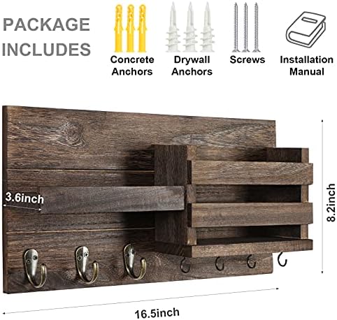Lwenki Mail Organizer for Wall Mount – Key Holder with Shelf Includes Letter Holder and Hooks for Coats, Dog Leashes – Rustic Wood with Flush Mounting Hardware (16.5” x 8.7” x 3.5”) - Image 5