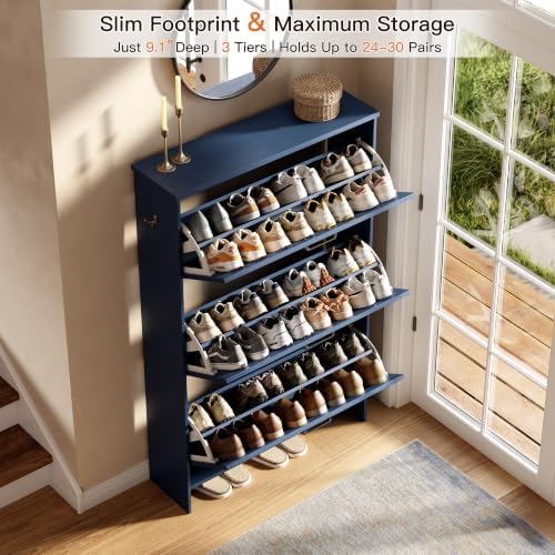 Nicetree Farmhouse Blue Shoe Cabinet – Ultra Slim 3-Drawer Flip Organizer with Shaker Barn Door Accent, 3-Tier Adjustable Shelves, and Sturdy Freestanding Frame – Space Saving - Image 4