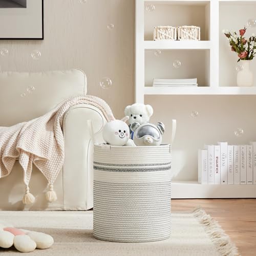 VIPOSCO 53L Tall Woven Rope Laundry Hamper, Leather Handles, Stripe White - Image 2
