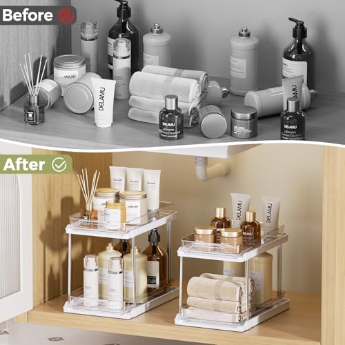 Delamu 2-Tier Bathroom Under Sink Organizers and Storage, Pull Out Cabinet Drawers with Anti-Slip Design, Multi-Purpose Storage for Kitchen, Pantry, Bathroom & Home Organization, White, 1 Pack - Image 6