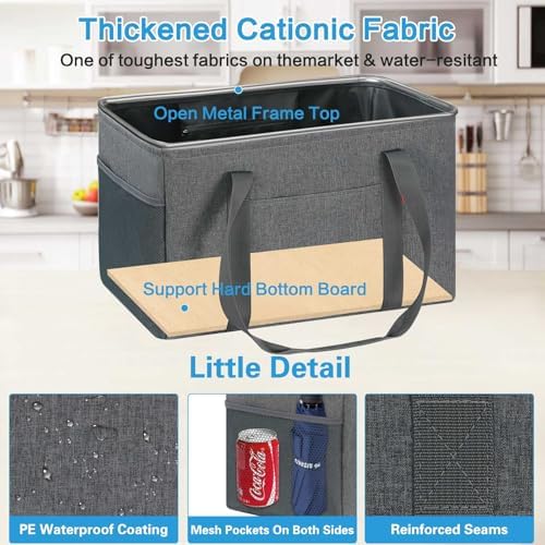 LHZK Standing Utility Tote Bag with Metal Wire Frame and the Sides Rinforced, Large Tote Bag with Handle, Reusable Grocery Bags Foldable, Beach Bag, Car Tote (Grey, 18.5''x11.8''x11.5'') - Image 4