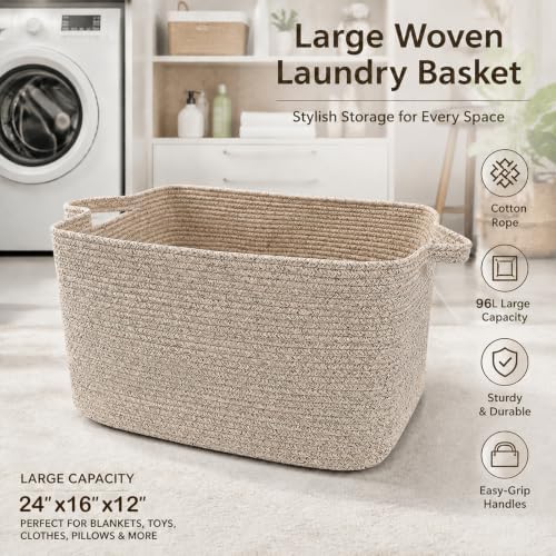96L Woven Laundry Basket with Handles, Extra Blanket Basket,Brown - Image 4