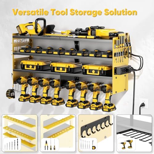 POKIPO Large Power Tool Organizer Wall Mount with Charging Station,4 Layer Heavy Duty Metal Storage Rack Loads 600lbs with 8 Cordless Drill Holder,Battery Utility Rack Gift for Garage workshops Room - Image 3