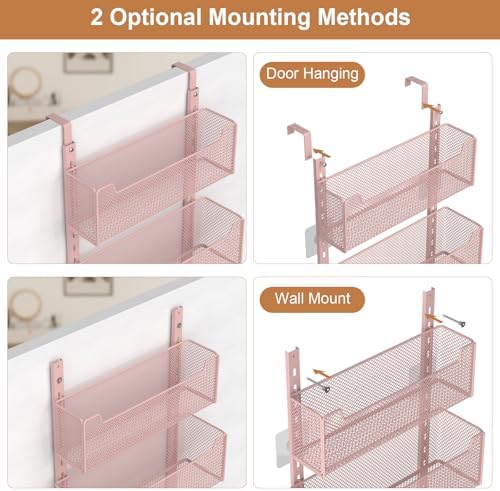 VyGrow Over The Door Organizer, Metal Door Organizer Hanging with 5 Adjustable Baskets and Coat Hook, Behind The Door Storage for Bedroom Closet Bathroom Pantry Cabinet Kitchen, Pink - Image 4