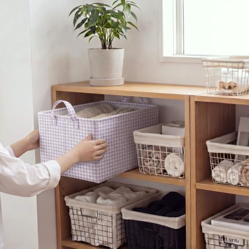Hushee Purple Gingham Basket Checkered Storage Collapsible Bin with Handles - Image 4