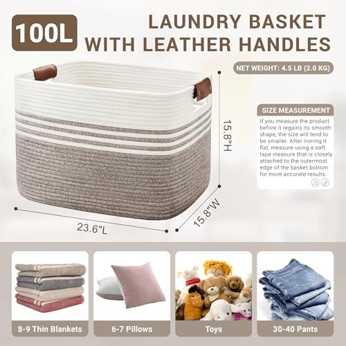 100L Woven Laundry Basket Hamper with Leather Handles,Dark Brown - Image 2