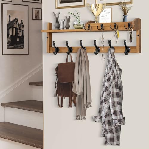 Coat Rack Wall Mount with Shelf, 27.5" Entryway Wall Hanging Shelf, Coat and Key Hanger with 10 Dual Hooks, Mail Organizer and Key Holder Hat Rack for Wall, Wood Coat Hooks with Storage - Image 7