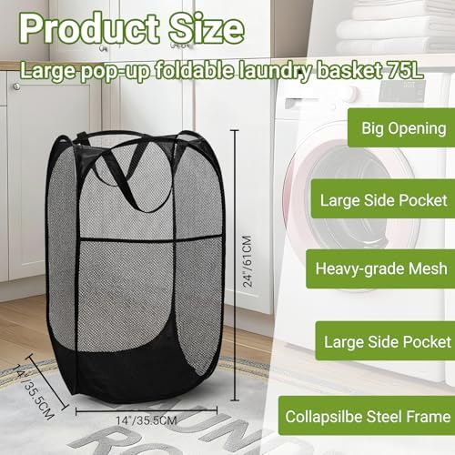 BATTOO Deluxe Strong Mesh Pop up Laundry Hamper Basket with Side Pocket for Laundry Room, Bathroom, Kids Room, College Dorm or Travel 2 Pack Black - Image 3