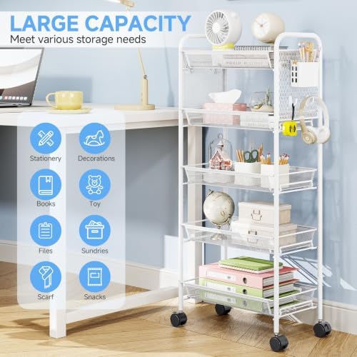 KINGRACK 5 Tier Rolling Cart, Metal Utility Storage Cart with Pegboard | Screwless Assembly, Lockable Wheels, 4 Hooks & 1 Bin, Mobile Organizer for Bathroom Kitchen Office Craft Room Laundry, White - Image 2