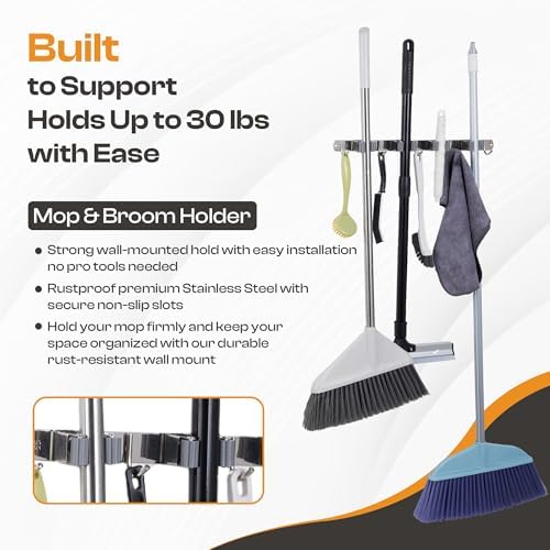 Stainless Steel Broom Holder Wall Mount, 4 Racks & 5 Hooks - Image 3