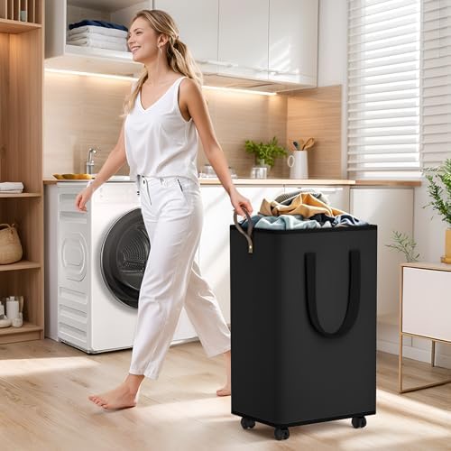 SpaceTrove Rolling Laundry Basket with Wheels, Laundry Hamper, 80L, Black - Image 6