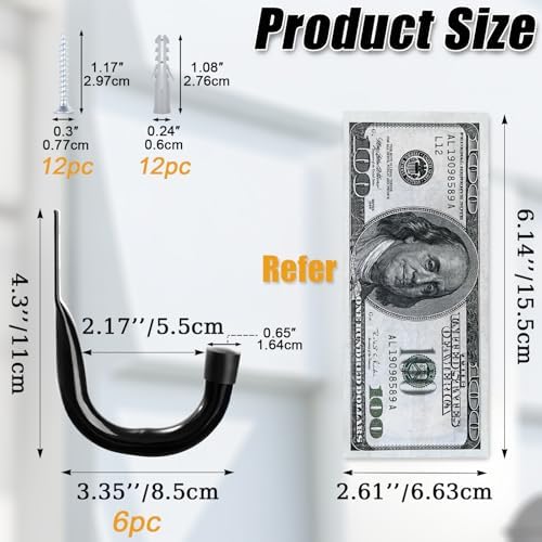 KURUI Metal Wall Hooks for Hanging Heavy Duty, 6Pcs Garage Organization and Storage Hook for Extension Cord Tool Coat Backpack Bag, Large Utility J Hooks, Black Wall Mount Hanges for Outdoor Indoor - Image 7