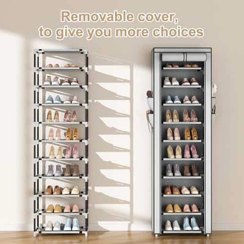 ROJASOP Shoe Rack with Covers 10 Tier Large Shoe Organizer Tall Shoe Closet Storage for 20-22 Pairs Shoe and Boot, Free Standing Shoe Rack Organizer for Closet, Entryway, Bedroom, Grey - Image 5