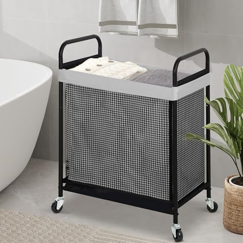 STO STO Laundry Hamper 2 Section, 100L Rolling Laundry Sorter Cart with Removable and Washable Liner Bag, Clothes Hamper with Wheels and Metal Handle for Laundry Room and Bedroom, Gray - Image 3
