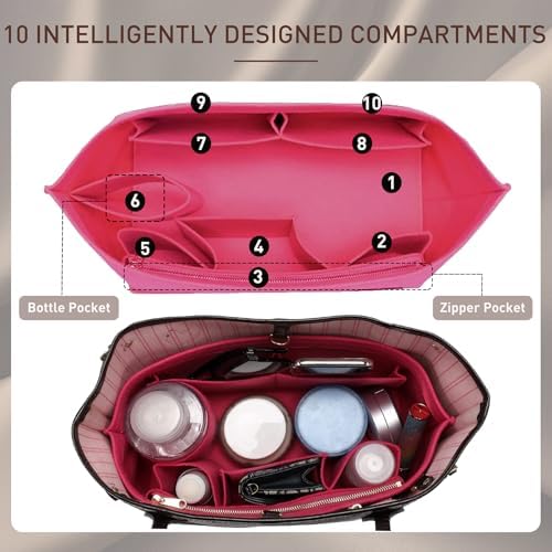 Doxo Purse Organizer Insert for Handbags & Base Shaper 2pc Set, Felt Neverfull GM Organizer Insert, Tote Bag Organizer with Zipper Pocket and Bottle Holder, Fit Neverfull GM and More, Rose-XL - Image 4