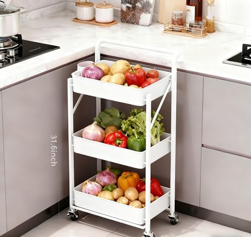 Foldable Rolling Cart 3-Tier Small Foldable Utility Storage Cart Multifunctional Metal Storage Bin Heavy Duty Organizer Carts with Rolling Wheels for Home Office (White) - Image 5