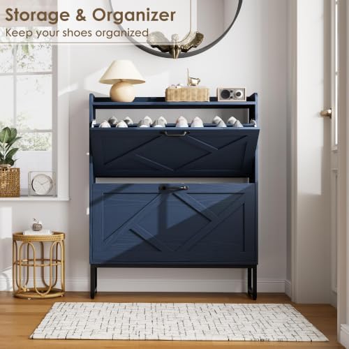 Nicetree Shoe Storage Cabinet, Shoe Cabinet with 2 Flip Drawers, Narrow Shoe Rack Cabinet, Farmhouse Slim Shoe Cabinet Storage for Entryway,Blue - Image 6