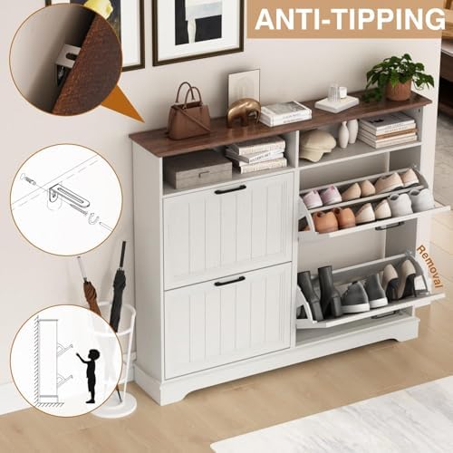 Hidden Shoe Storage Cabinet with 4 Flip Drawers & Open Storage - Image 5