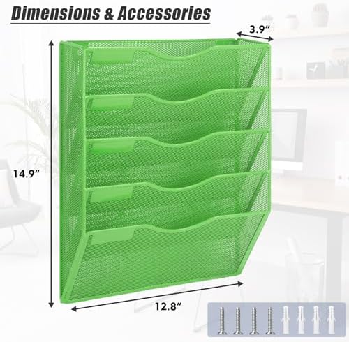 EASEPRES 5 Pocket Mesh Hanging Wall File Organizer, Wall Mounted Mail Paper Document Folder Holder, Clipboard Storage Organization Magazine Rack with Nametag Label for Office Home School, Green - Image 2