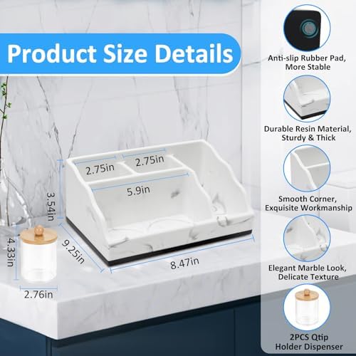 Bathroom Counter Organizer, White Marble Toothbrush Holders for Bathrooms with 2PCS Qtip Holder, Bathroom Organizer Countertop Toothbrush and Toothpaste Holder for Makeup Organizer for Vanity - Image 4