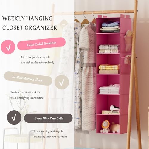 Hanging Closet Organizer and Storage with Bamboo Support, 6-Shelf Closet Hanging Storage Shelves, Closet Organizers Easy Mount Foldable for Bedroom (Pink) - Image 4