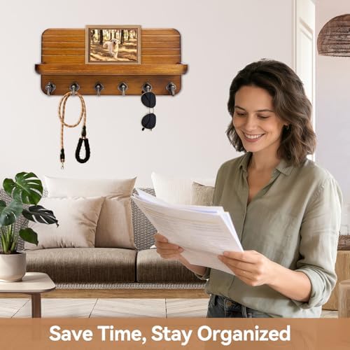 Key Holder for Wall, Mail Organizer Wall Mount with 6 Hooks Wooden Hanging Key Rack for Home Decor, Hallway, Entryway (Yellow) - Image 2