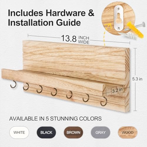 Lwenki Decorative Key Holder for Wall with Shelf, Entryway Shelf with Hooks Holds Leashes, Jackets and Glasses – Sturdy Wood Keyholder Entrance Hanger with Mounting Hardware (Wood, Large) - Image 6
