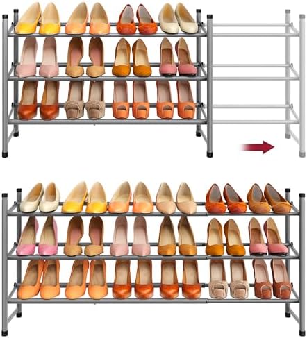 Tajsoon Expandable Shoe Rack for Closet 3 Tier, 28“-41“Stackable, Grey by Tajsoon