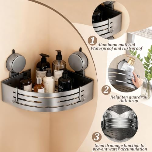 No-Drilling Corner Suction Cup Shower Caddy(1-Pack Gray),Rust-Proof and Durable Bathroom Organizer with Towel Bar & Hooks,Modern Large-Capacity Wall-Mounted Shower Shelf - Image 2