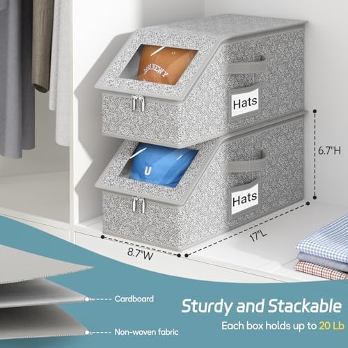 AOODA 2 PCS Stackable Hat Storage for Baseball Caps, Holds up to 24 Caps Hat Organizer for Closet, Sturdy Snapback Boxes for Men with Cardboard, Grey - Image 3
