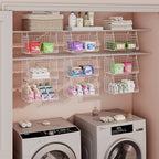 3-Tier Hanging Laundry Basket Organizer：Foldable Wire Shelf Laundry Room Organizer with 360°Rotating Hooks Small Space Solutions Closet Hanging Organizer - Laundry Organization, White Patent - Image 3