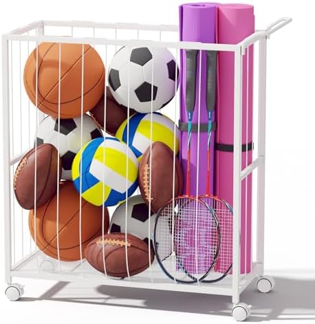 Homsorout Ball Storage Bin Rolling Sports Ball Cart, White by Homsorout