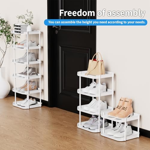 6 Tier Narrow Shoe Storage Rack, Compact Single Shoerack Stand for Slim Space, Stackable Tall Thin Show Tower, Solid Plastic Shelves, for Hallways, Kitchens, Bedrooms Tidy Organizer, White - Image 5