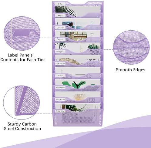 EasyPAG 10 Pocket Mesh Wall File Organizer, Hanging Paper Folder Holder with Classify Label, Vertical Wall Mount Mail Organizer for Office Home Classroom, Purple - Image 3