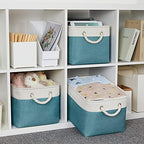 Bidtakay Basket Storage Bins with Handles Fabric Large Storage Baskets for Organizing Set of 3 Collapsible Rectangular Basket for Shelves Closet Organizer 15 X 11 X 9.5 Inches(White&Teal Blue) - Image 4
