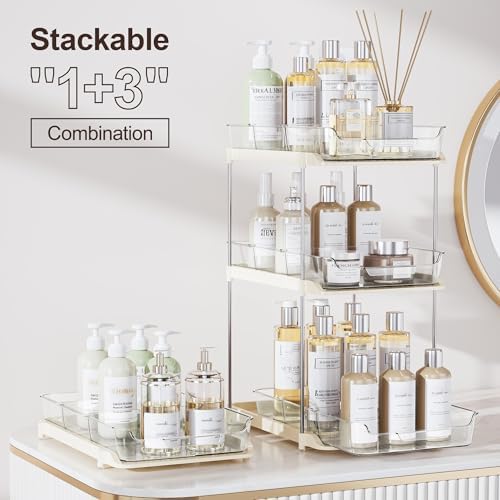 Delamu 2-Tier Multi-Purpose Bathroom Under Sink Organizers and Storage, Stackable Kitchen Pantry Organization, Pull Out Medicine Cabinet Organizer with Movable Dividers, Beige, 2 Pack - Image 3