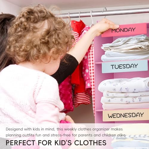 Weekly Hanging Closet Organizer for Kids, 6-Shelf Clothes Storage with Labeled Days of The Week Monday Through Friday, Weekday and Weekend, Days of the Week Clothes Organizer - Image 5