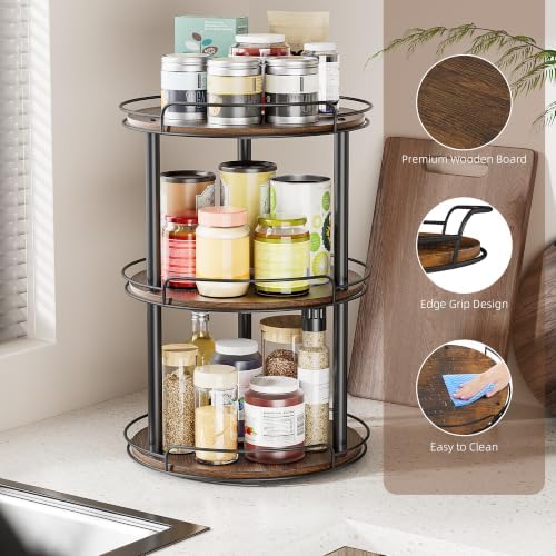 LAMU 12'' Wood Lazy Susan Turntable Organizer for Cabinet, 3 Tier Lazy Susan Spice Rack Organizer for Kitchen, Wood Turntable for Table Top, Countertop, Pantry, Bathroom - Image 2