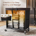 320L Laundry Basket with Wheels, 3-Section Rolling Hamper for Laundry, Extra Large Laundry Hamper with Wheels, Clothes Hamper Rolling Laundry Basket for Home, Bathrooms and Dorm(Black) - Image 4