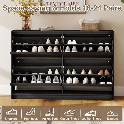 Shoe Cabinet with 4 Flip Drawers, Modern Narrow Shoe Storage Cabinet Organizer with Adjustable Shelf, Hidden Freestanding Shoe Rack for Entryway, Hallway, Living Room, Black - Image 4