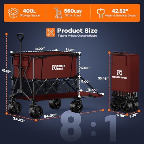 Originsure 400L Foldable Double Decker Wagon, 54" L Tailgate, 560lbs, Red - Image 2