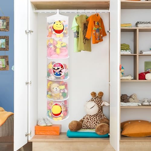 2Pcs Hanging Stuffed Animal Storage Hammock Net 5 Tiers, White - Image 2