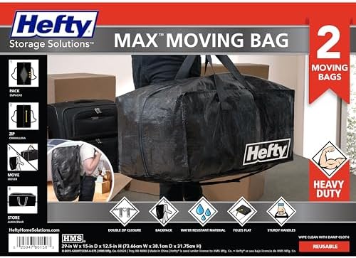 Hefty Moving Bag – Extra Large Double Zipper Backpack – Heavy Duty, Water Resistant, Foldable, Reusable Packing & Storage Tote with Shoulder Straps for Garage and Basement Organization – 2 Pack - Image 2