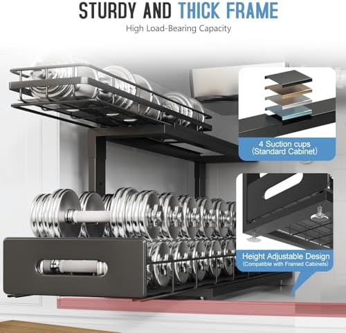 Under Sink Organizer Upgrade To Professional Rails,2-Tier Dual Pull Out Cabinet Storage,Height Adjustable Slide Out Drawers For Bathroom Kitchen,2 Pack-21"Dx12.8"-16.9"H,Black - Image 4
